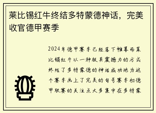 莱比锡红牛终结多特蒙德神话，完美收官德甲赛季